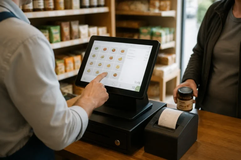 winkelier in kleine winkel rekent klant af op modern betaalbaar kassasysteem bij de toonbank