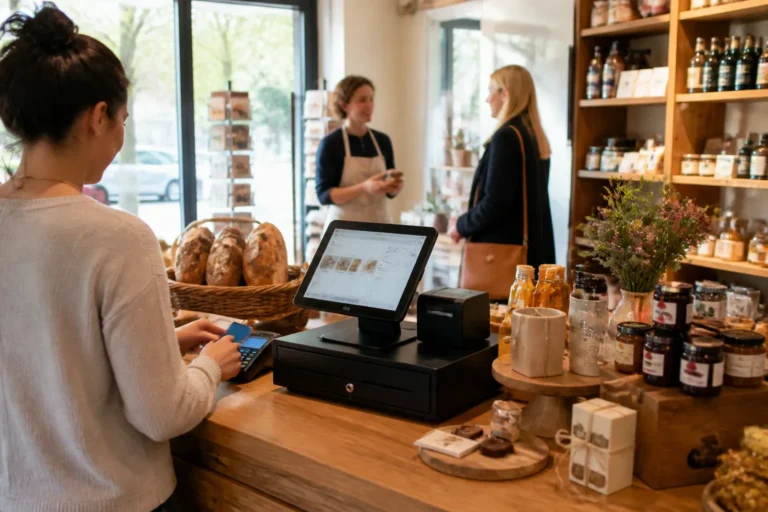 compact kassasysteem op houten toonbank in buurtwinkel waar twee klanten worden geholpen