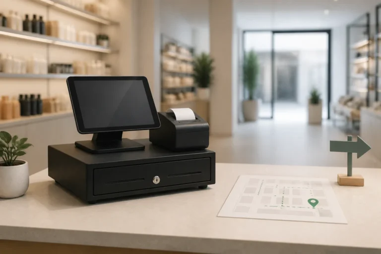 compact kassasysteem met tablet, bonprinter en kassalade op een toonbank naast een kleine wegwijzerpijl