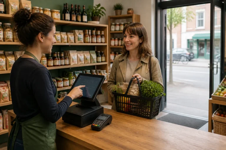 compact kassasysteem op houten toonbank in kleine winkel waar medewerker klant helpt