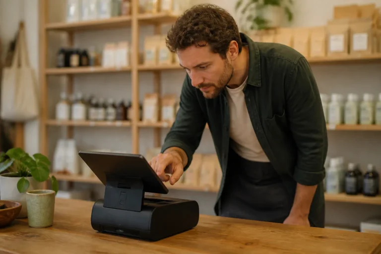 winkelmedewerker onderzoekt een compact kassasysteem op een houten toonbank in een kleine winkel