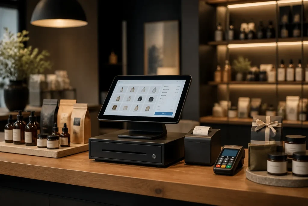 compact kassasysteem op houten toonbank tussen netjes gegroepeerde mkb-productpakketten in een moderne winkel
