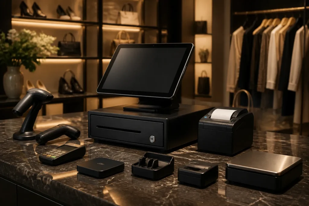 compact kassasysteem met tablet, bonprinter en kassalade stijlvol gepresenteerd op een glanzende toonbank