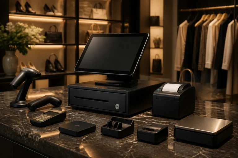 compact kassasysteem met tablet, bonprinter en kassalade stijlvol gepresenteerd op een glanzende toonbank