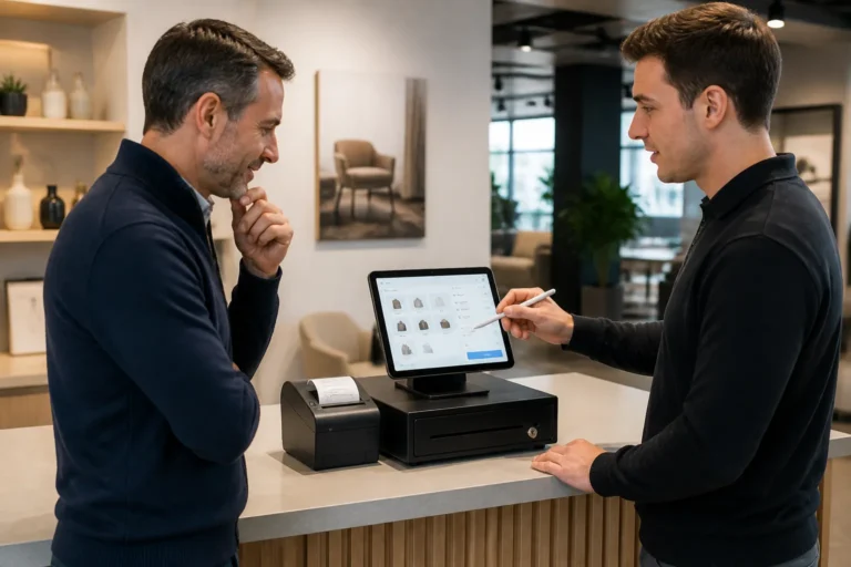 winkelier en adviseur bij een toonbank bespreken een compact kassasysteem met tablet en bonprinter