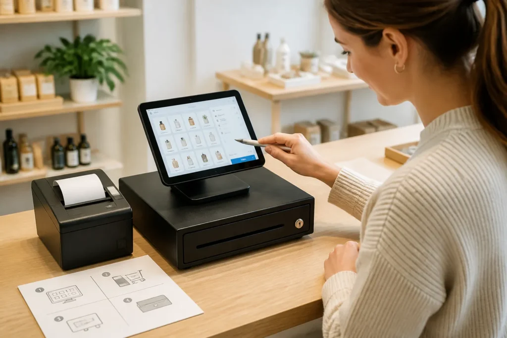 starter bekijkt een compact kassasysteem met tablet, bonprinter en kassalade op een toonbank