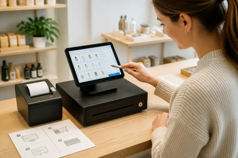 starter bekijkt een compact kassasysteem met tablet, bonprinter en kassalade op een toonbank