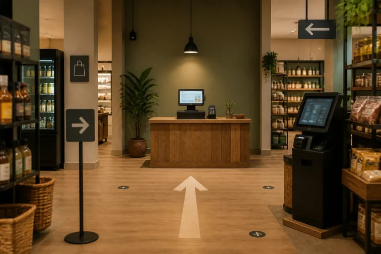 compact kassasysteem op houten toonbank dat opvalt tussen meerdere kassa’s in een kleine winkel