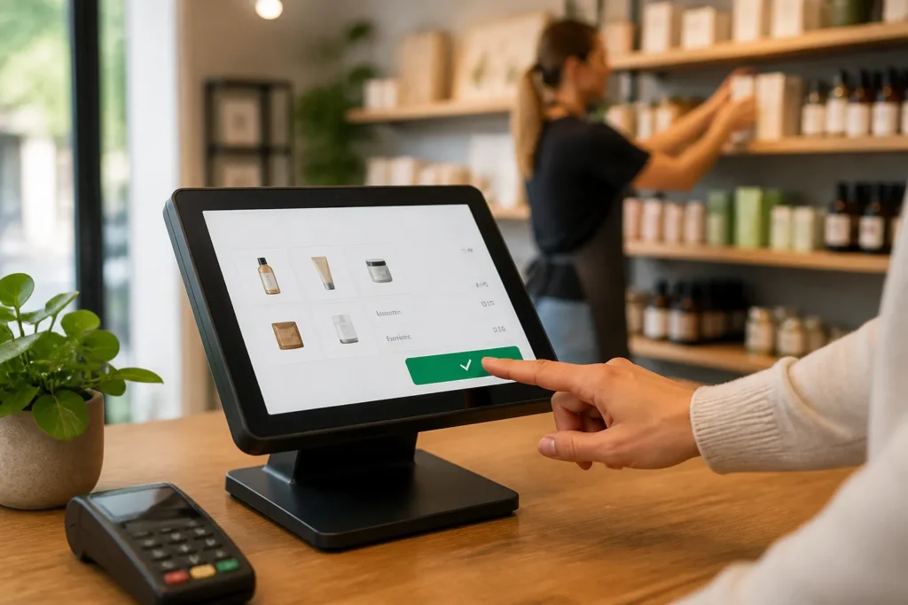 winkelmedewerker tikt op compacte kassaterminal op toonbank om kassasoftware aankoop te bevestigen
