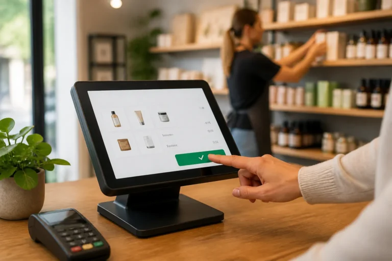 winkelmedewerker tikt op compacte kassaterminal op toonbank om kassasoftware aankoop te bevestigen