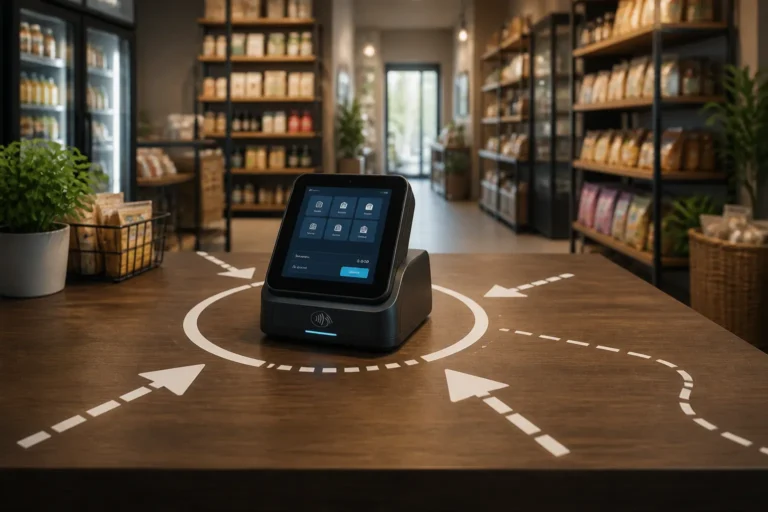 compacte kassaterminal op een toonbank met subtiele route-markeringen in een kleine winkel