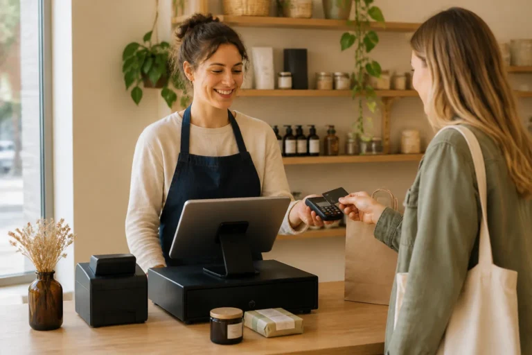 kleine winkel waar een starter met tablet-kassa, bonprinter en kassalade een klant afrekent