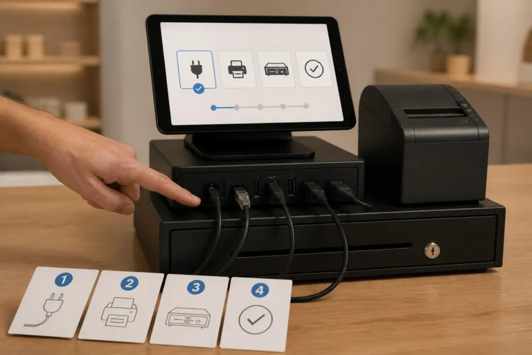 winkeltoonbank waar een persoon een compact kassasysteem met tablet en bonprinter stap voor stap aansluit