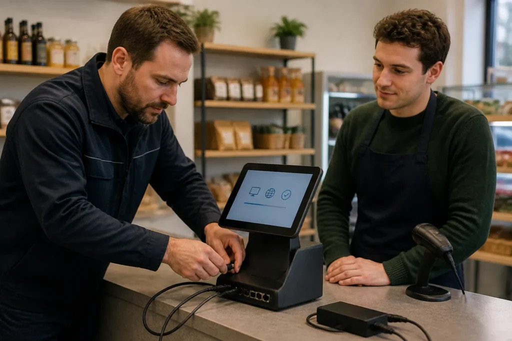 monteur en medewerker installeren samen een compacte kassaterminal op de toonbank in een kleine winkel
