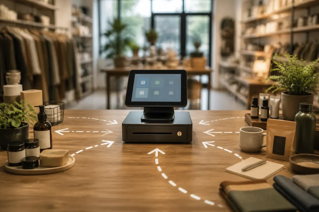 compact kassasysteem als baken op houten toonbank met pijlen tussen mkb-producten