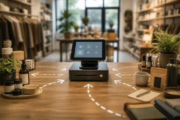 compact kassasysteem als baken op houten toonbank met pijlen tussen mkb-producten