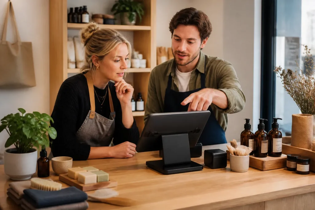 medewerker en collega bestuderen een compact kassasysteem op houten toonbank tussen producten