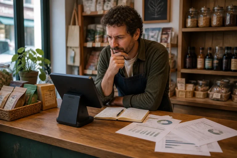 winkelier bestudeert een compacte kassaterminal op de toonbank met notitieboek ernaast
