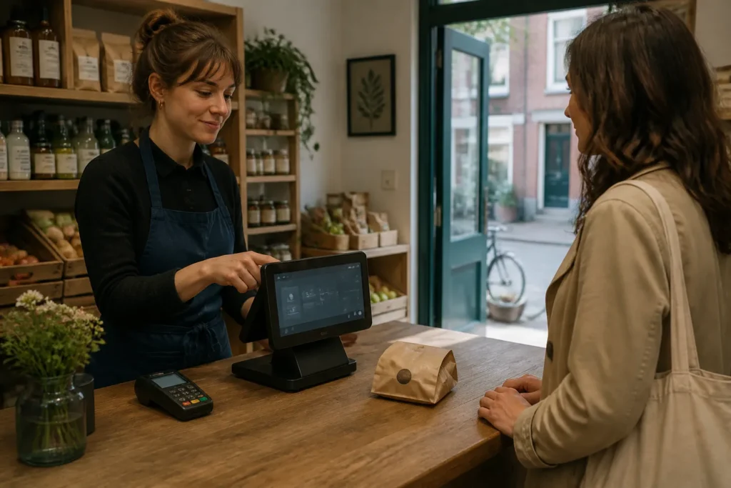kleine winkel met compacte kassaterminal op de toonbank waar medewerker een klant helpt