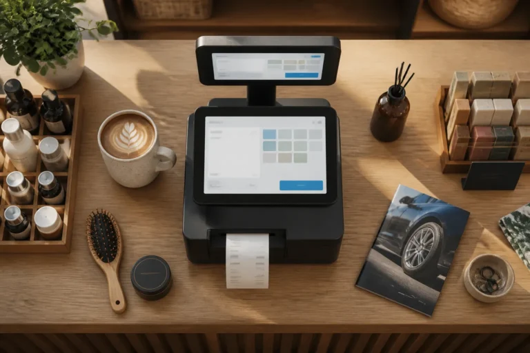 modern kassasysteem op houten toonbank dat bon print tussen diverse mkb-producten
