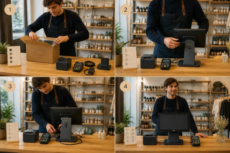 winkelmedewerker monteert een compact kassasysteem op een houten toonbank met losse onderdelen eromheen