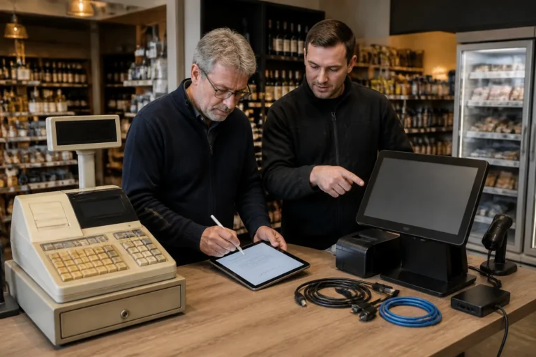 winkelier tekent offerte terwijl monteur naast oud en nieuw kassasysteem op toonbank staat