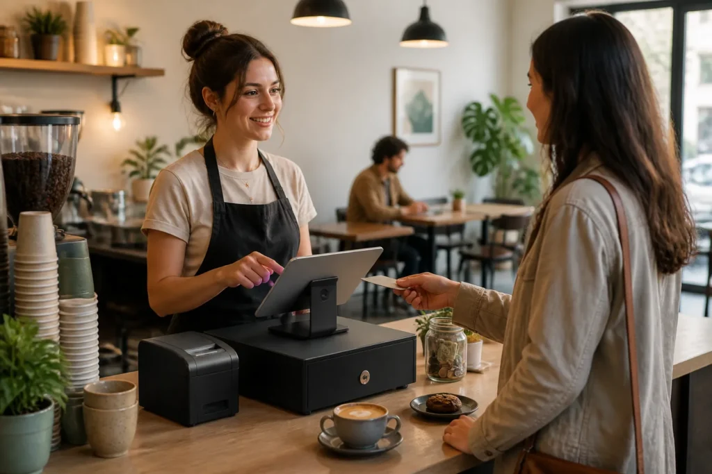 kleine koffiezaak waar een starter afrekent met een klant aan een compacte kassaset met tablet op de toonbank
