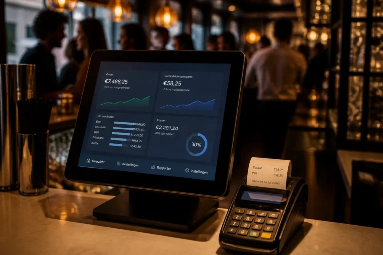 modern horeca kassasysteem met pinautomaat op drukke bar met gasten op de achtergrond