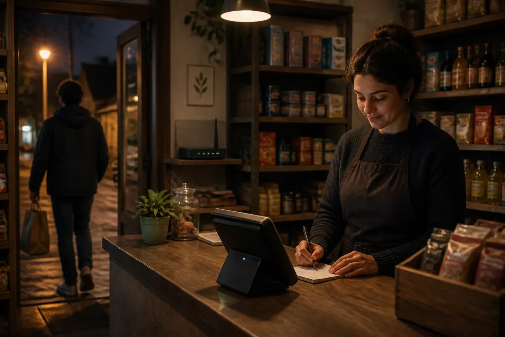medewerker sluit compacte kassaterminal af op toonbank in kleine winkel terwijl laatste klant wegloopt
