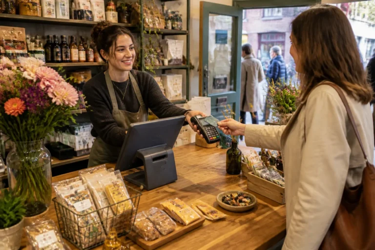 compact kassasysteem op houten toonbank in buurtwinkel waar klant pint tussen diverse mkb-producten
