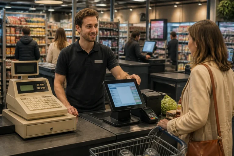 winkelmedewerker helpt klant aan toonbank met oud en nieuw kassasysteem naast elkaar